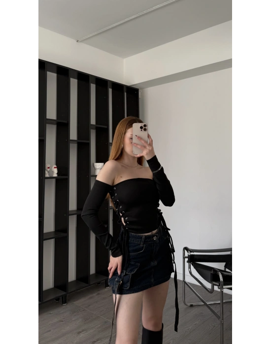 Siyah Sienna Kuşgözü Bağcıklı Bluz