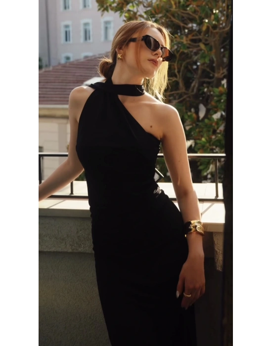 Siyah Tally Şal Detaylı Kalem Elbise