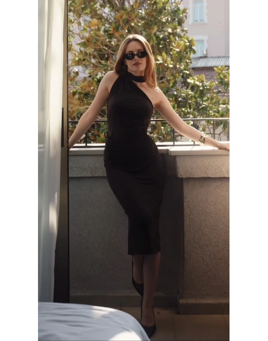 Siyah Tally Şal Detaylı Kalem Elbise