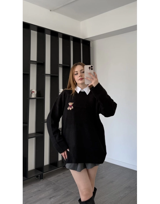 Siyah Teddy Nakışlı Premium Kazak