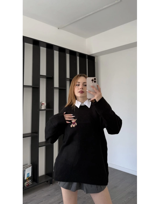 Siyah Teddy Nakışlı Premium Kazak