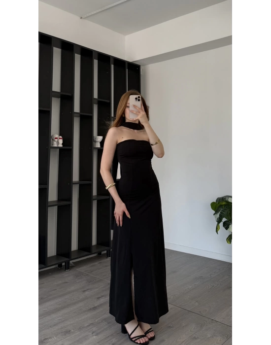 Siyah Tiara Astarlı Şal Detaylı Elbise