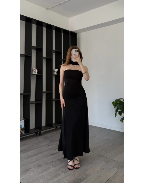 Siyah Tiara Astarlı Şal Detaylı Elbise