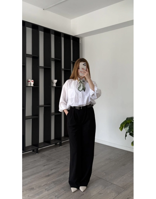 Siyah Tira Kemer Detaylı Palazzo Pantolon