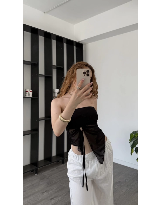 Siyah Tül Asimetrik Büzgülü Bluz