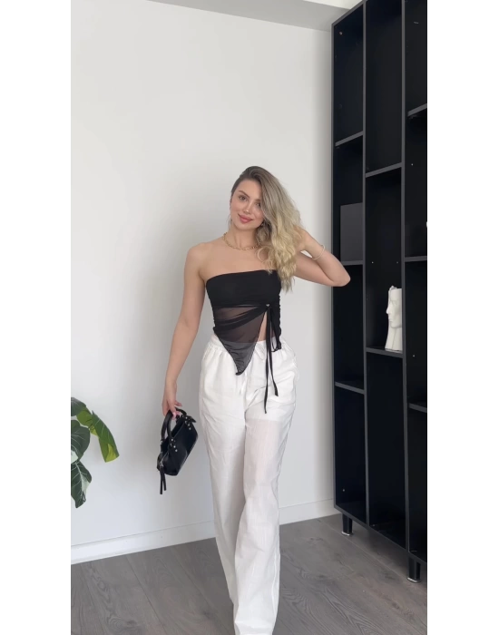 Siyah Tül Asimetrik Büzgülü Bluz