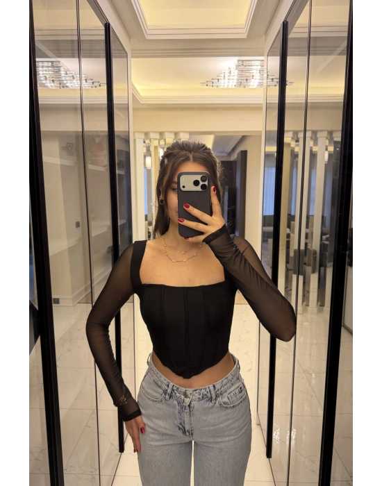Siyah Tül Kollu Korse Bluz