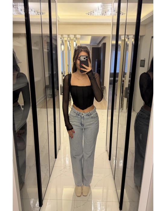 Siyah Tül Kollu Korse Bluz