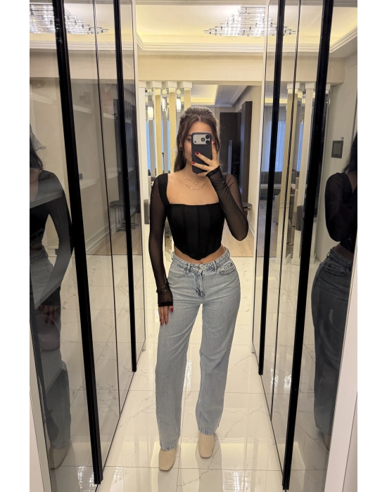 Siyah Tül Kollu Korse Bluz