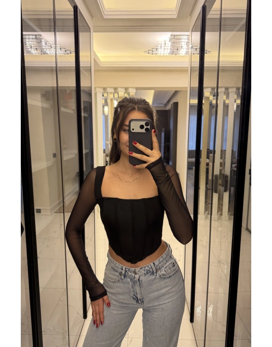 Siyah Tül Kollu Korse Bluz