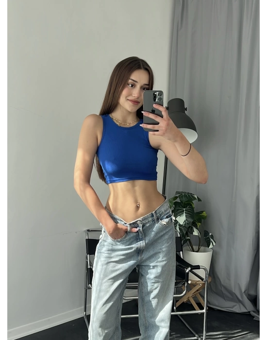 Saks Mavi Halter Yaka Fitilli Crop Büstiyer