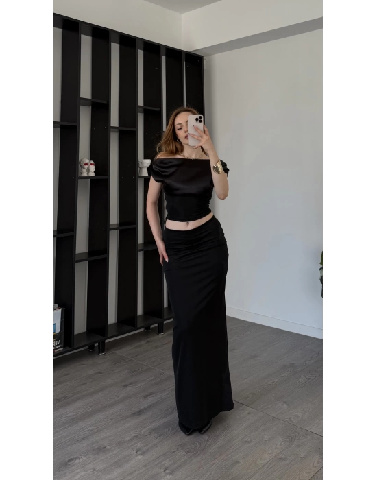 Siyah Vallery Saten Üstlü Etekli Takım