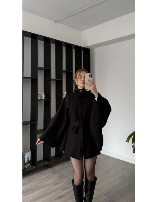 Siyah Venna Kuşaklı Kaşe Panço Kaban