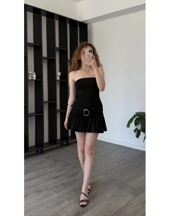 Siyah Wanda Bel Detaylı Straplez Elbise