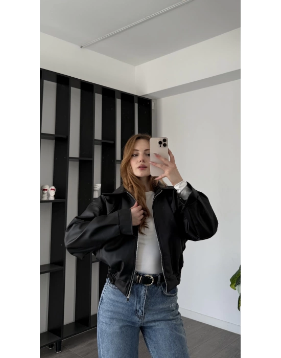 Siyah Wenna Oversize Bomber Deri Ceket