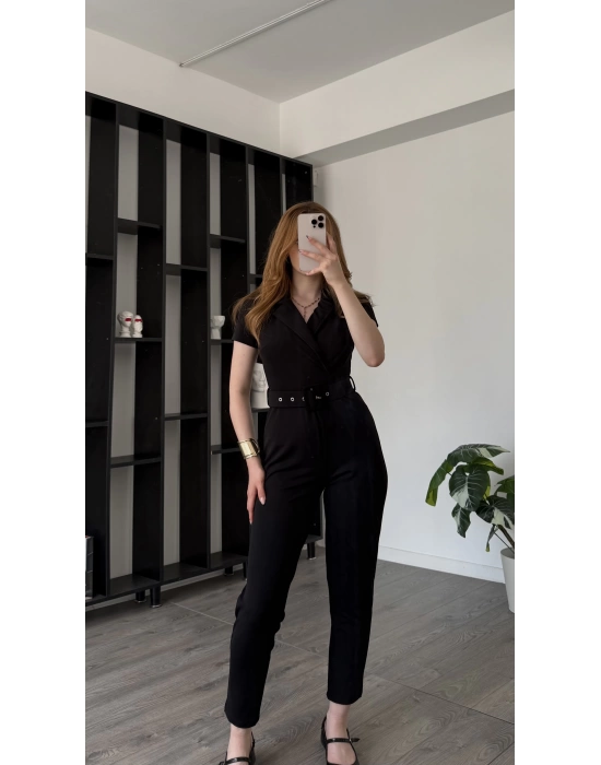 Siyah Yasmin Kemer Detaylı Tulum