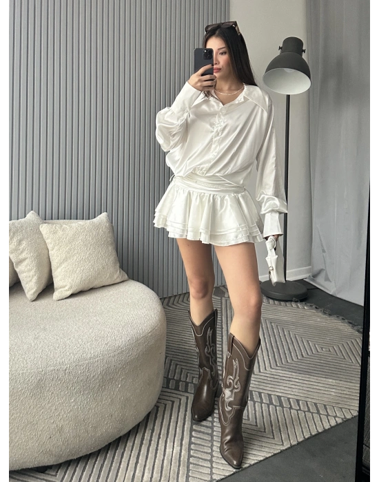 Beyaz Kemerli Fırfır Etek Gömlek Saten Elbise