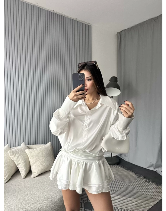 Beyaz Kemerli Fırfır Etek Gömlek Saten Elbise