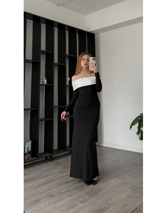 Siyah Yulia Yaka Detay Madonna Elbise