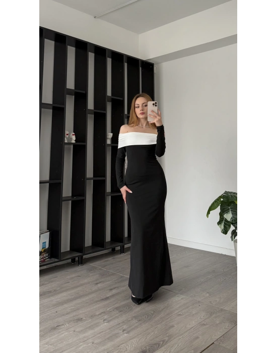 Siyah Yulia Yaka Detay Madonna Elbise