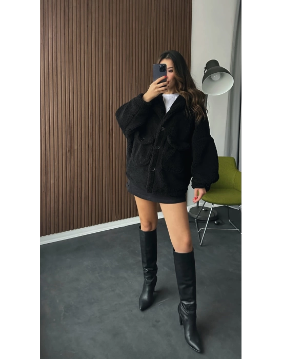 Siyah Yumoş Peluş Oversize Kaban