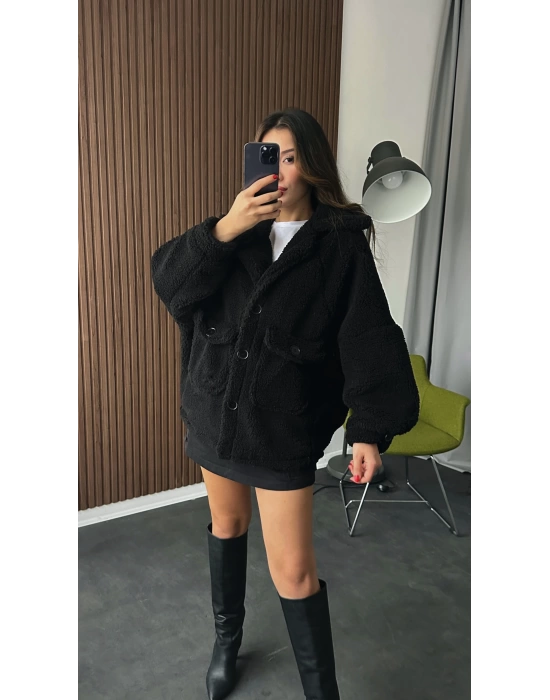 Siyah Yumoş Peluş Oversize Kaban