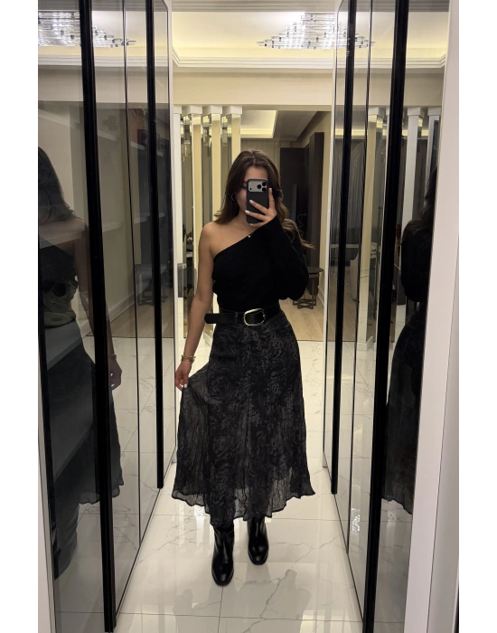 Siyah Zr Muadil Kemerli Desenli Etek