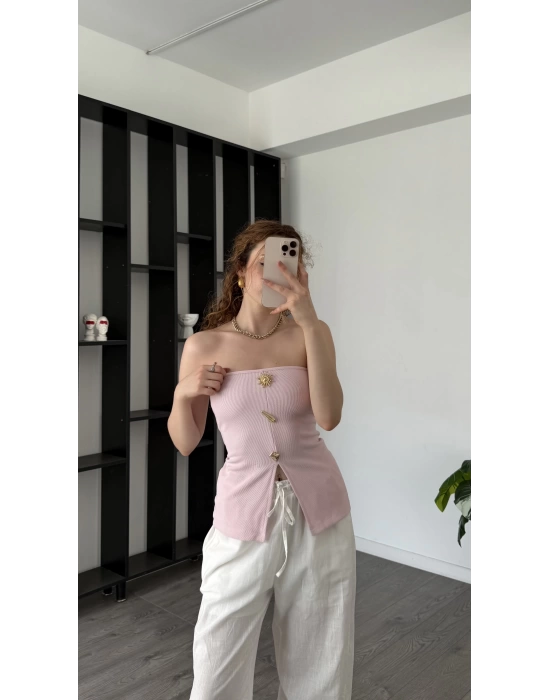 Toz Pembe Elsa Broşlu Straplez Bluz