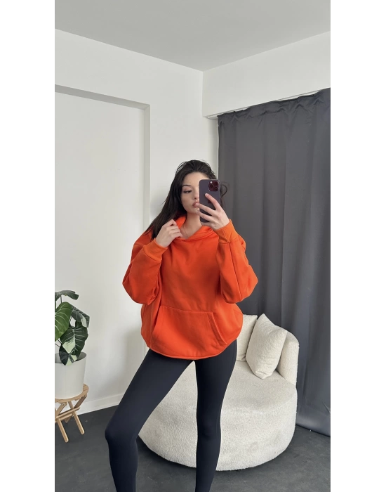 Turuncu 3 iplik Şardonlu Kapüşonlu Sweatshirt