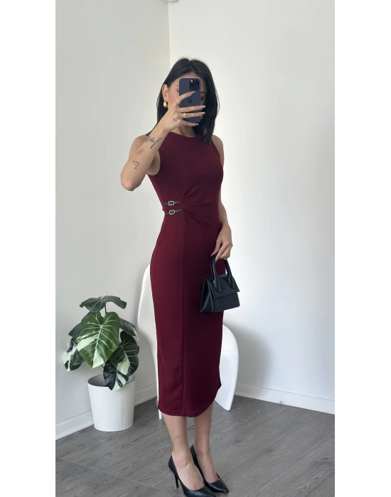Vera Bordo Kemer Detaylı Kalem Elbise