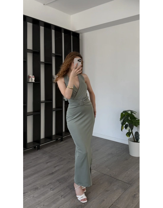 Yeşil Bel Detaylı V Yaka Elbise