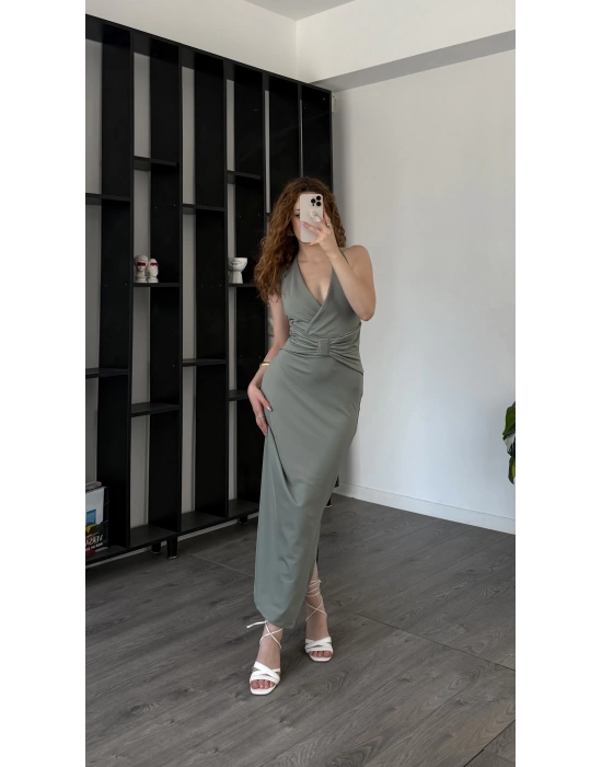 Yeşil Bel Detaylı V Yaka Elbise