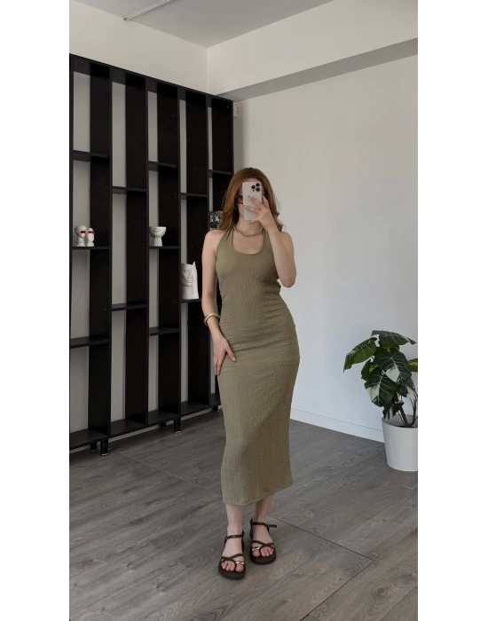 Yeşil Chiara Gofre Boyundan Askılı Elbise