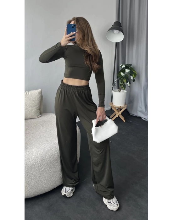 Yeşil Crop Bluz - Pantolon 2’li Basic Takım