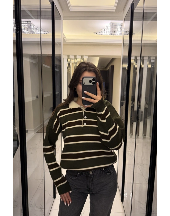 Yeşil Düğmeli Polo Yaka Çizgili Triko Kazak