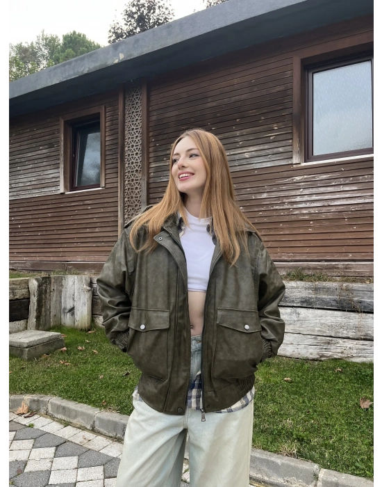 Yeşil Eva Eskitme Deri Ceket
