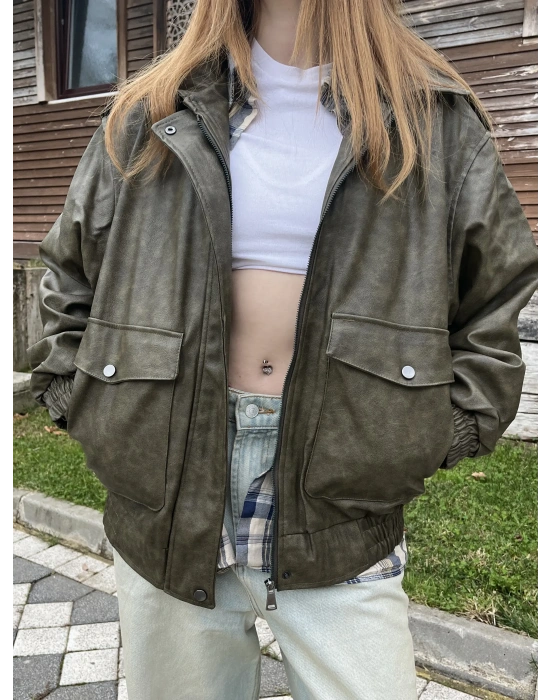 Yeşil Eva Eskitme Deri Ceket