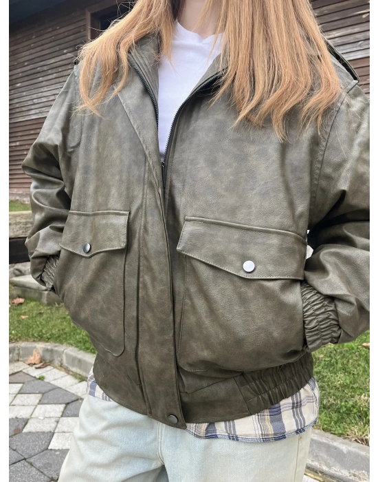Yeşil Eva Eskitme Deri Ceket