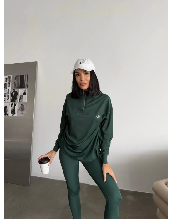 Yeşil Fermuar Yakalı Sweat & Tayt Spor Marka Takım