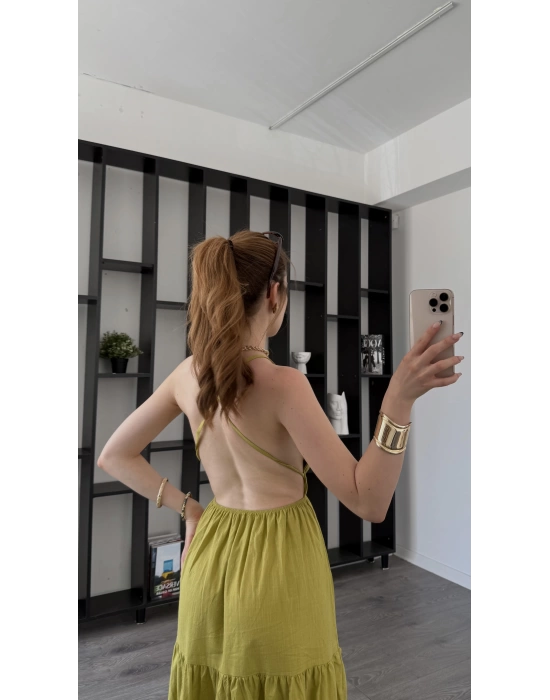 Yeşil Greta Çapraz Sırt Askılı Elbise