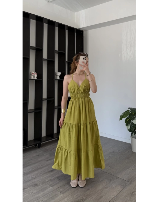 Yeşil Greta Çapraz Sırt Askılı Elbise