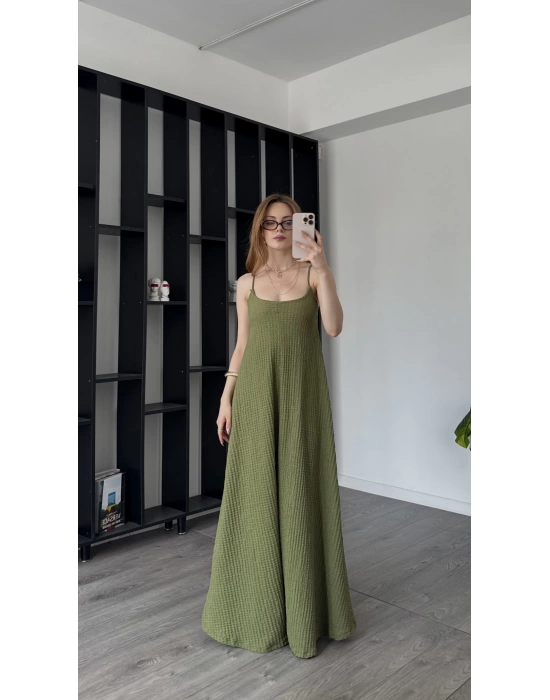 Yeşil Laura İnce Askılı Bürümcük Elbise