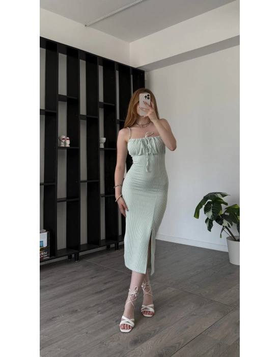 Yeşil Lizy Çizgili Kalem Elbise