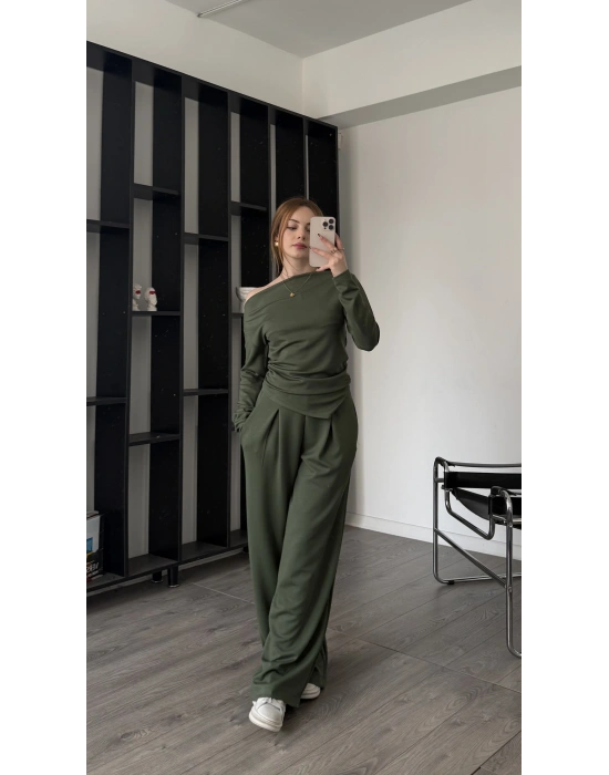 Yeşil Lumi Asimetirk Kayık Yaka Modal Takım