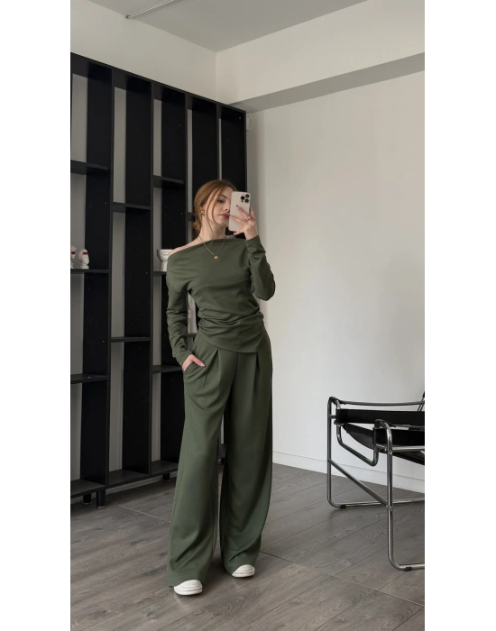 Yeşil Lumi Asimetirk Kayık Yaka Modal Takım