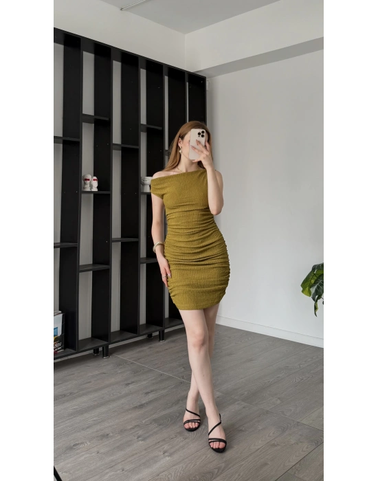 Yeşil Melys Bürümcük Düşük Omuzlu Elbise