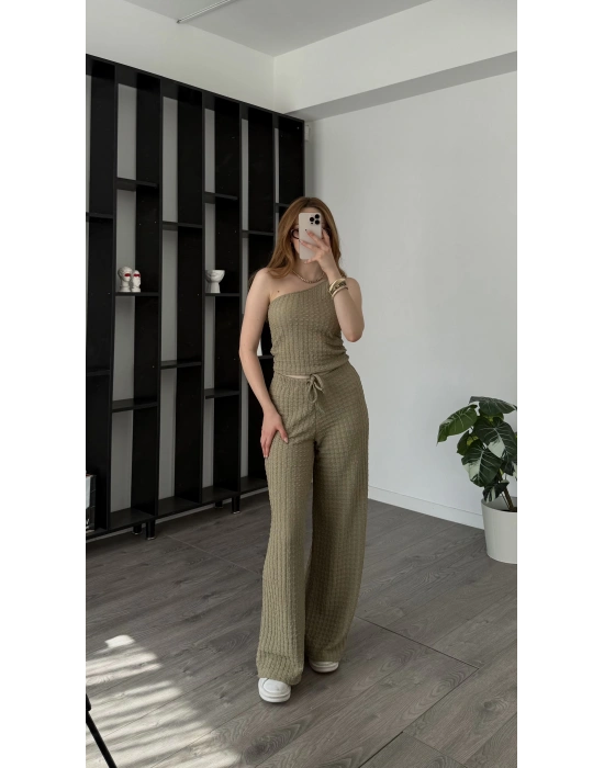 Yeşil Olivia Tek Omuzlu Gofre 2’li Takım
