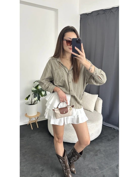 Yeşil Oversize Çizgi Desen Gömlek