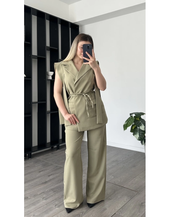 Yeşil Rucia Kuşak Detaylı Yelek-Pantolon Takım