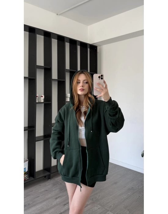 Yeşil Sane Kapüşonlu Oversize Hırka